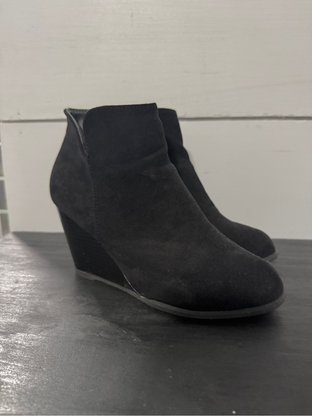 Black Faux Suede Wedge Ankle Boots